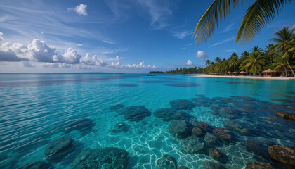 Fototapeta premium Cook Islands Lagoon – Shallow sapphire waters glow beneath palm-fringed shores, the reef barely visible under soft ripples and drifting light.