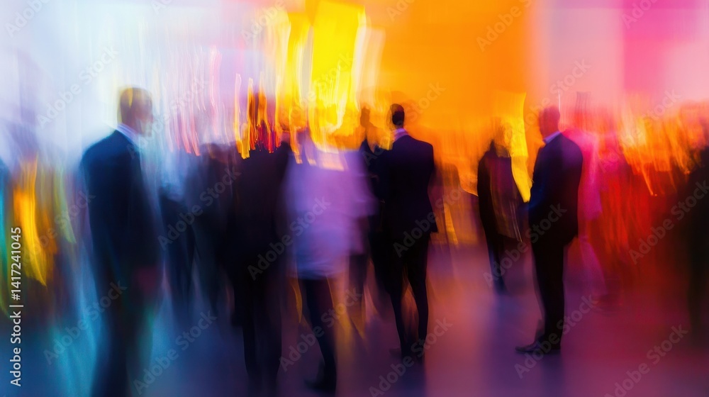 Poster a vibrant networking event with business professionals engaging in conversation, blurred figures cre