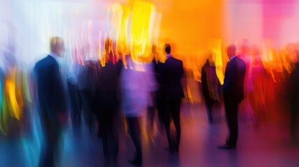 A vibrant networking event with business professionals engaging in conversation, blurred figures creating a sense of motion and activity