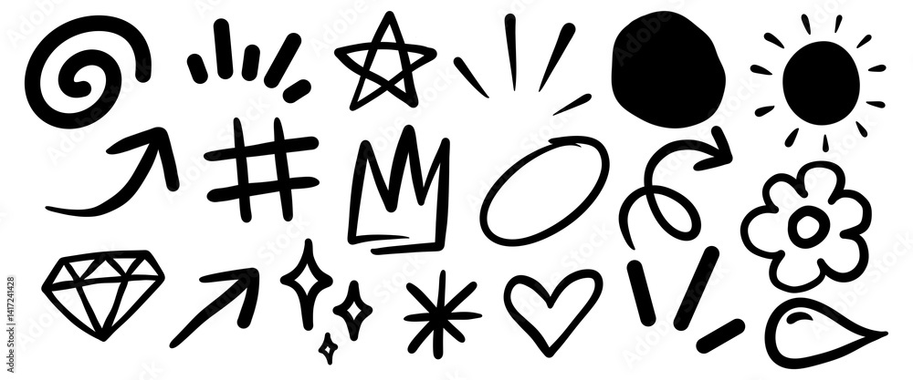 Poster doodle icons set of graphic elements with hand drawn design style isolated on transparent background