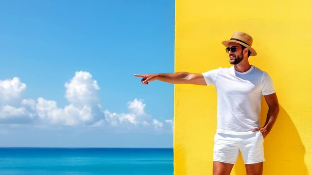Caucasian man wearing hat and sunglasses pointing to the sky on a beach and vivid yellow background. Summer vacation motion footage clip with copy space.