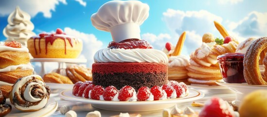 A variety of pastries and cakes with a chef's hat on top.