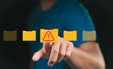 Cybersecurity alert with digital file folder. hand interacting with a cybersecurity alert symbol....