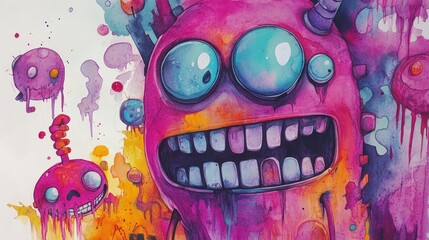 Vibrant, whimsical monster, dripping paint, abstract design
