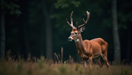 Fototapeta premium Muted brown deer with white markings against a dark forest background, trees, silhouette