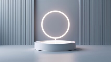 a minimalist and modern style with a focus on geometric shapes and clean lines. The layout is simple, showcasing a white circular platform in the center, which appears to be a pedestal or display stan