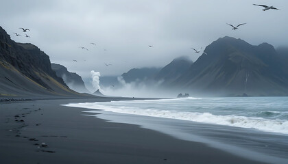 Fototapeta premium Kuril Islands Shoreline – Ash-colored beaches meet volcanic cliffs, steam rising from sea vents beneath grey skies and wheeling gulls.