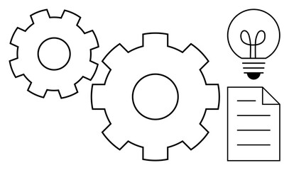Gears interlock beside a glowing lightbulb and a document, symbolizing creativity, efficiency, teamwork, and productivity. Ideal for innovation, strategy, technology, problem-solving collaboration
