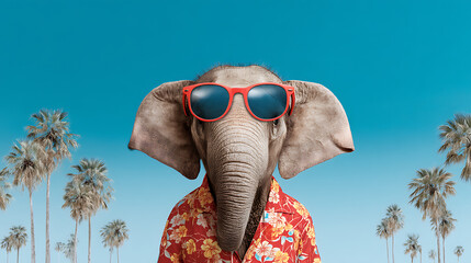 Cute elephant wearing a Hawaiian shirt and sunglasses relaxing on a tropical beach with palm trees and clear blue skies enjoying a summer vacation. Funny meme with copy space and banner 10042025Shitax