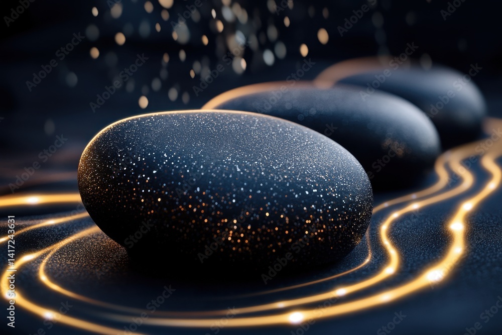 Poster pebbles sparkle in soft light with glowing lines against a dark background