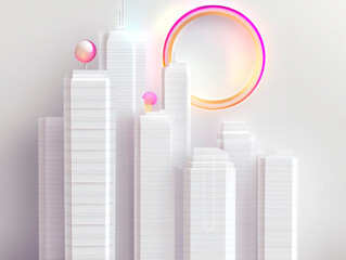 Futuristic white cityscape with tall geometric buildings and glowing neon elements in pink and orange against a minimal light background