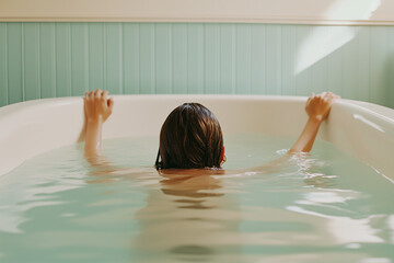 A woman is in a bathtub, her hair wet and her arms outstretched