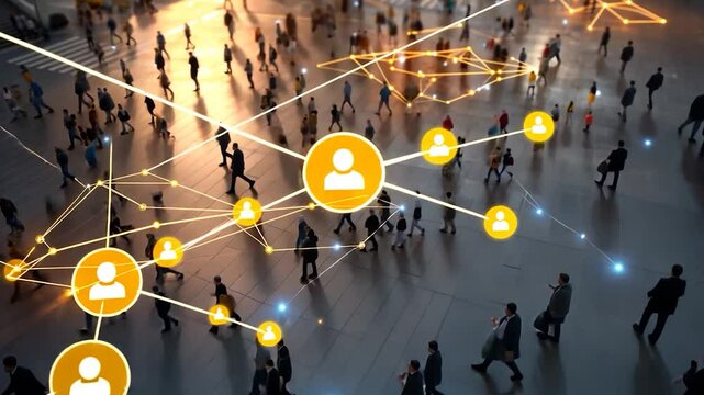 Connected crowd individuals linked by digital connections