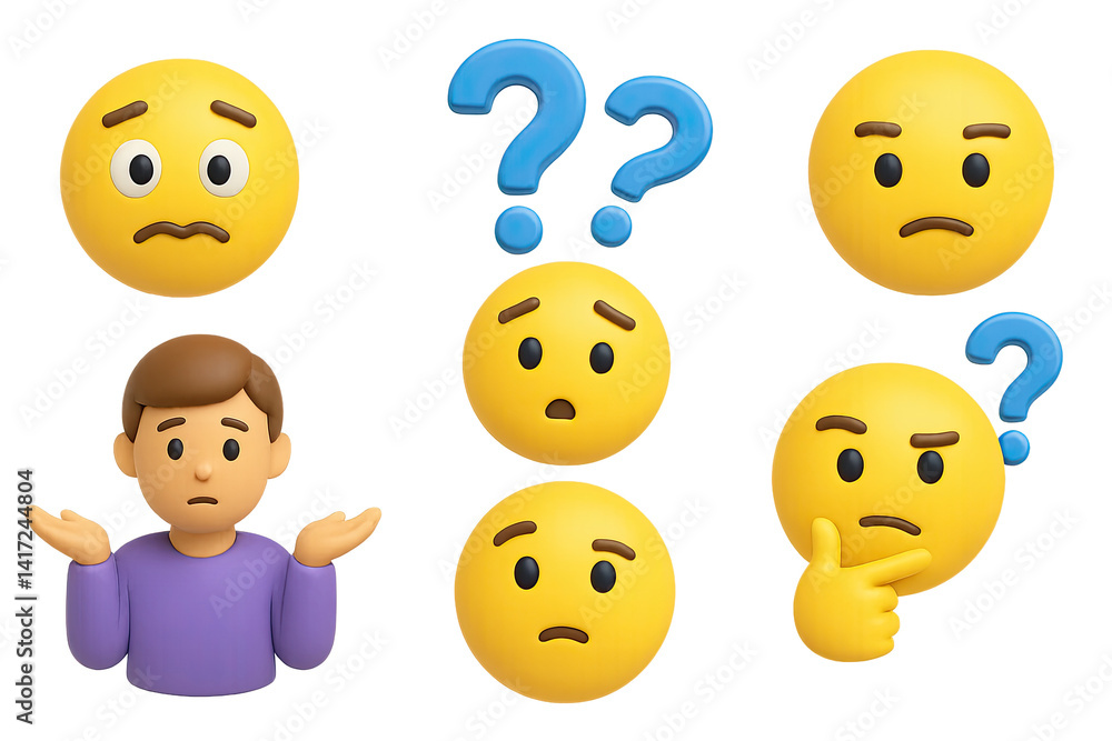 Poster 3d emoji icons set: exploring expressive faces and emotions with question marks