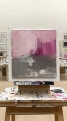 Painting on an easel with pink and gray colors in a bright room.