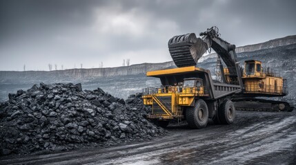 Obraz premium Excavator Loading Material Into a Dump Truck at a Quarry