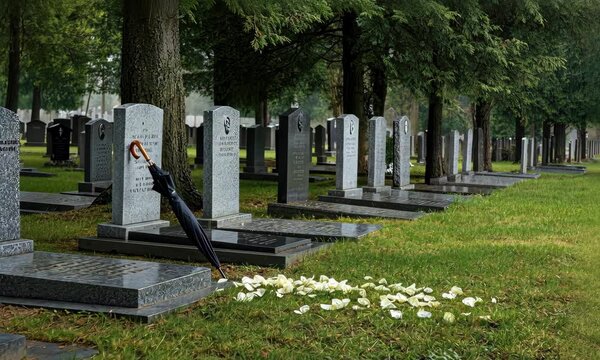 Umbrella and scattered flowers next to gravestones in cemetery during cloudy weather