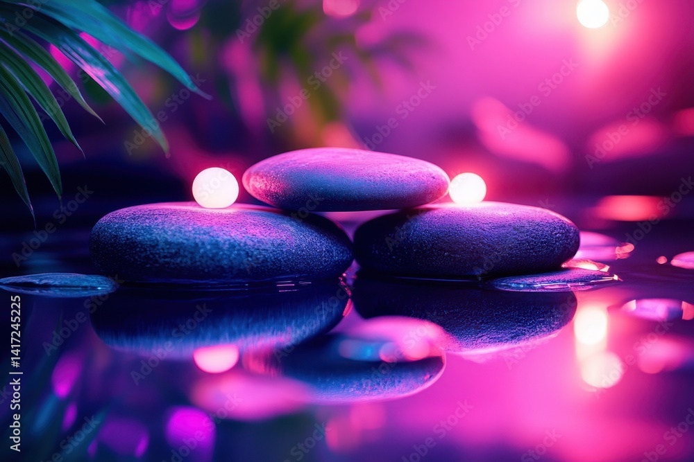 Poster tranquil stones resting in a serene setting with colorful lighting and reflections