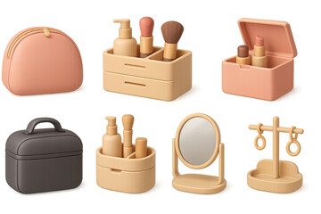 3d makeup icons set: cosmetic bags, brushes, lipsticks, skincare, mirror, jewelry holder