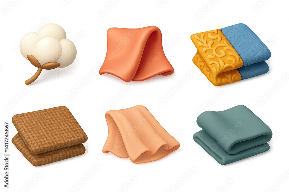 Poster 3d fabric icons set featuring textile patterns and styles for design projects