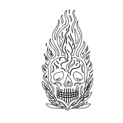 Fiery Skull Sketch Illustration with Leaf Detail