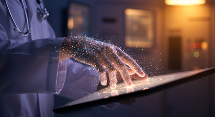 Doctor using digital tablet with innovative medical technology, doctor analysis data technology for futuristic medicine and health. Advanced medical solution concept.