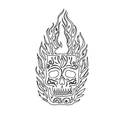 Skull with Intricate Line Art and Flames Drawing