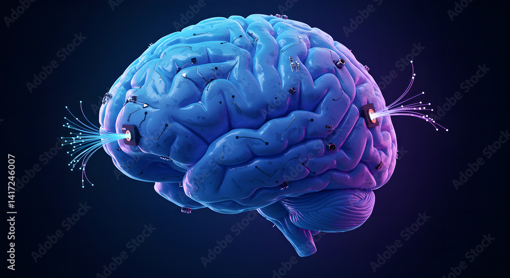 Poster artificial intelligence shows brain activity. digital human brain with artificial neuron connections