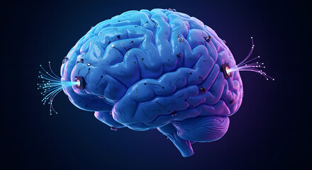 Artificial intelligence shows brain activity. Digital human brain with artificial neuron connections. Cybernetic mind with future data transfer for medical technology.