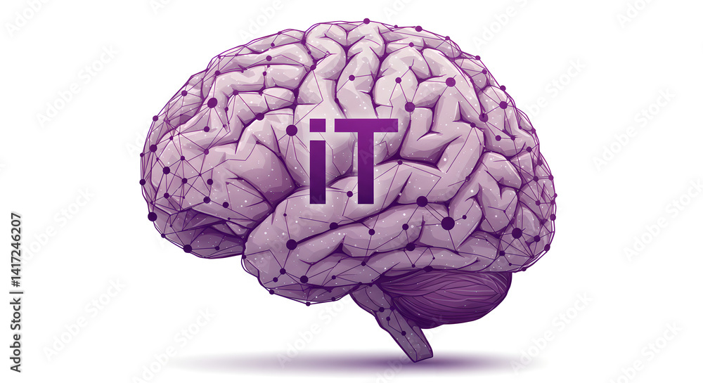 Poster human brain with it letters and network connection lines. futuristic medicine of future concept. art