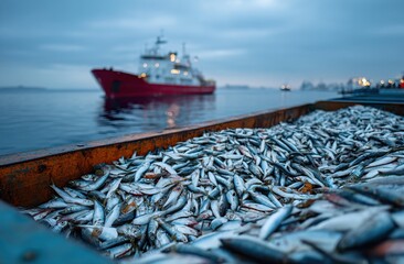 Fishing Vessels Delivering Fresh Catch: Abundant Seafood Harvest at Sea, Ocean's Bounty, Sustainable Fishing Practices