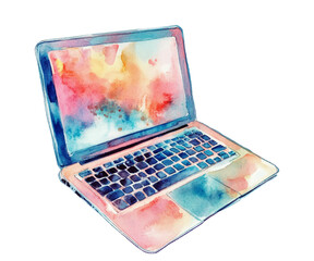 Open laptop with a vivid, abstract display and soft blending of hues across the keyboard and casing. Vector illustration in watercolor style. Laptop isolated on white. © SunwArt