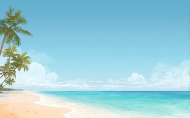 Obraz premium Serene tropical beach scene with palm trees swaying gently under a clear blue sky. Tranquil vacation vibes.