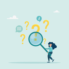 Frequently asked questions concept, investigation, information search. Character holds magnifying glass and searches for answer. Vector illustration.	
