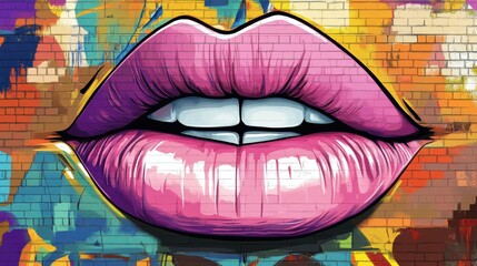 Human white lips on graffiti wall; pop art. Graffiti Pop. Illustration illustration