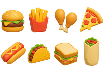 3d fast food icons set: burger, fries, pizza, sandwich, more