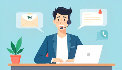 A customer service representative with a headset provides support, surrounded by digital communication symbols.