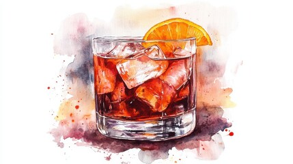 watercolor classic negroni cocktail with ice and orange garnish, showcasing vibrant colors and refreshing appeal. Perfect for summer gatherings or elegant events illustration