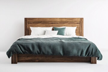 Rustic Wooden Headboard with White Bedding isolated on white background