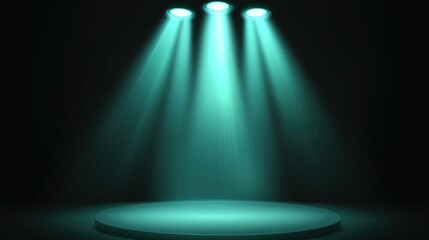 Teal stage lighting spotlights a circular platform.