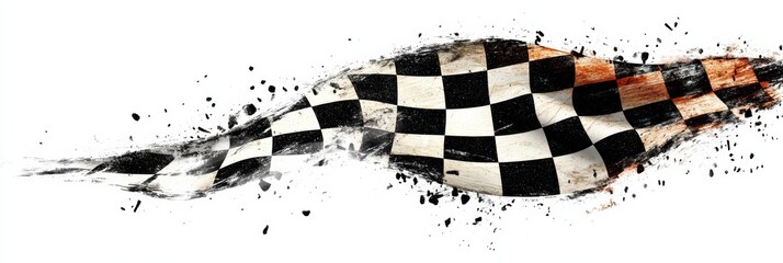Checkered flag grunge effect art with white background dissolving abstract racing banner with copy space perfect for graphic design and advertising projects