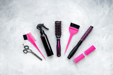 Hairdresser accessories and tools - combs and scissors, top view