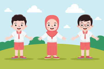 Cute Little School Kids with Happy Face in Red and White Uniform. Children Activity Outdoor Park.