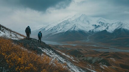 Hikers ascend snowy mountain trail scenic autumn landscape