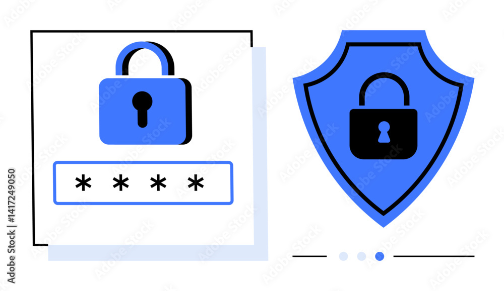 Poster lock icon with password field and shield with lock symbol. emphasis on security, encryption, safe ac
