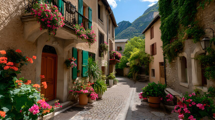 Fototapeta premium Sunlit Cobblestone Street with Vibrant Flowers in a Charming Village