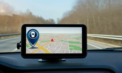 Car dashboard GPS navigation system displaying map for directions on road