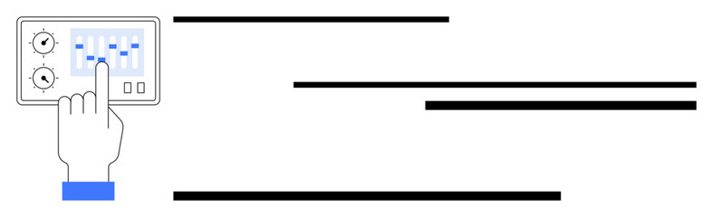 Obraz premium Human hand operating audio mixer with sliders and dials to control sound levels. Ideal for audio management, music creation, sound design, technology use, precision, equipment, flat simple metaphor