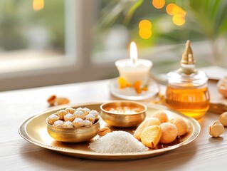 Festive diwali thali display with mithai diyas and rice home setting warm atmosphere close-up view