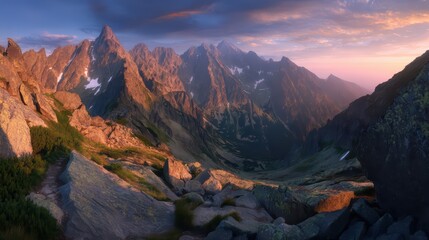 Naklejka premium Panoramic view of Mountains at sunrise with golden light on ridges and valleys.